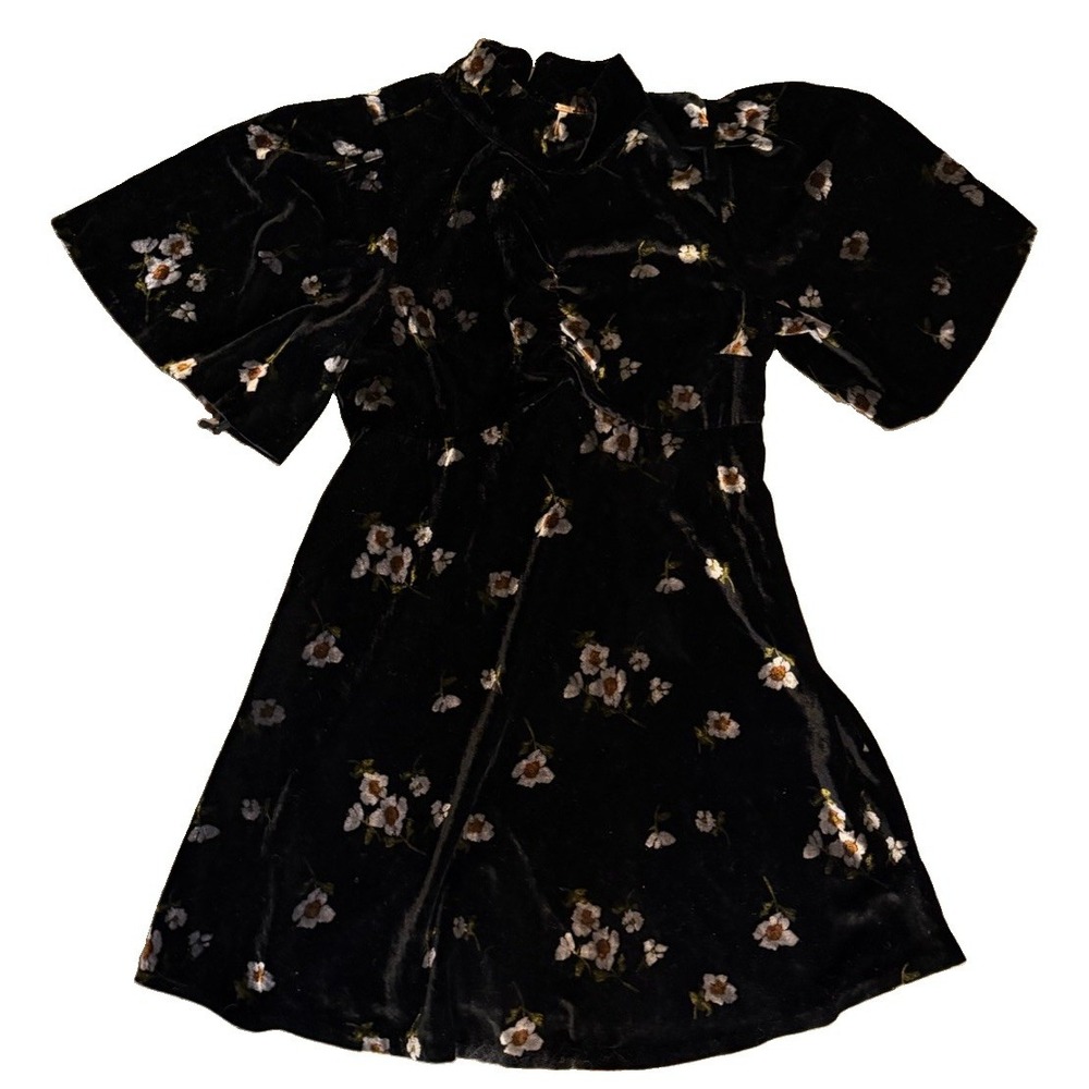Free People Black Floral Velvet Mini Dress Bell Sleeve Mock Neck Women's S M